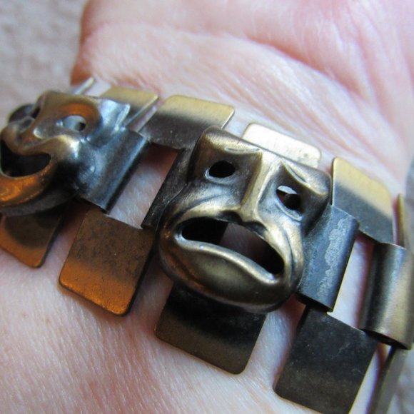 Vintage Handmade Bronze Metal Tragedy and Comedy Bracelet - Picture 1 of 6